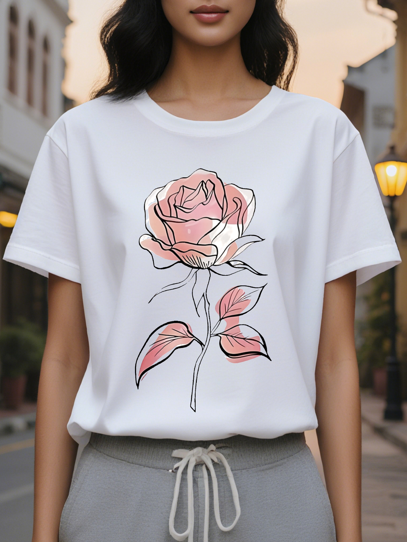 Women's elegant sleeve round neck T-shirt, soft pink rose print, medium stretch, hine wash top, autumn and winter casual