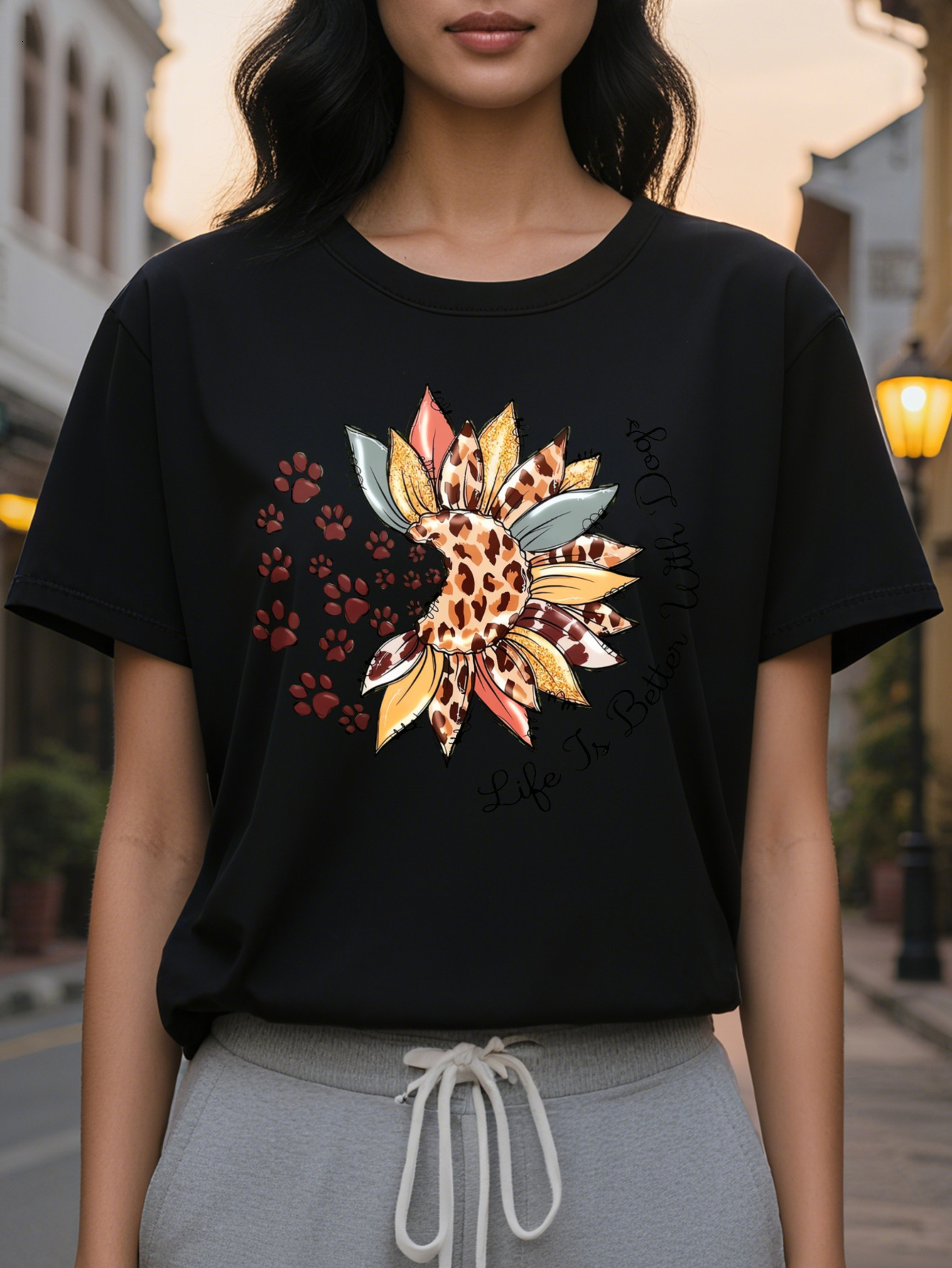 Women s Olive Green Suower Leopard Paw Print T Shirt Life is Better with Her Graphic Soft Stretch Round Neck Casual