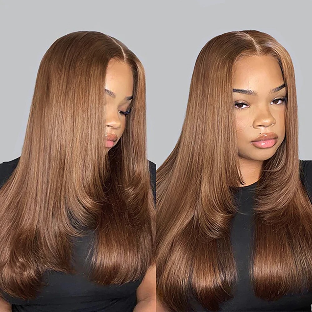 Chocolate Brown Human Hair Wig Layered Cut Lace Front Wigs Wear Go HD 13X4 Straight Lace Front Wig For Women Perruques Cheveux Glueless Wigs