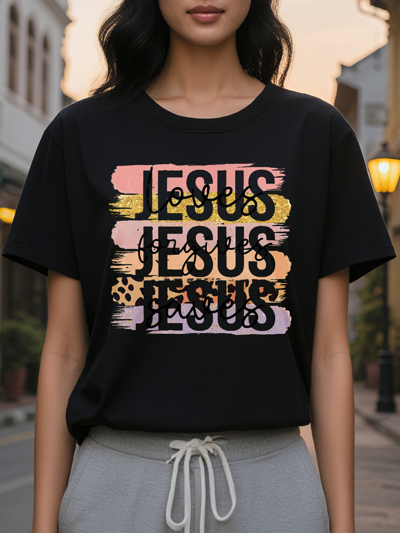 Fall in Love with Jesus Short Sleeve T-Shirt Round Neck Casual Top for Summer and Spring Women's Clothing Beautiful