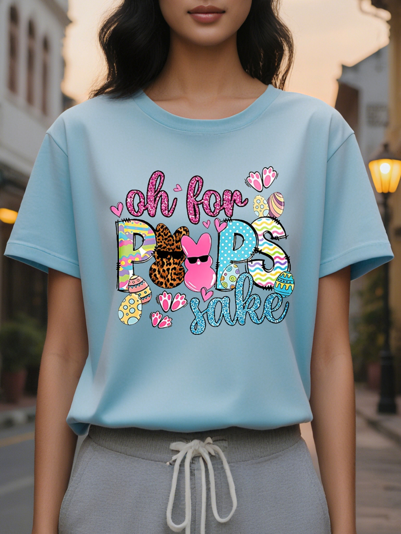 Happy Easter Peeps American Printed Pattern Spring and Summer New Fashion Round Neck T-shirt Slim Fit Slimming Women's