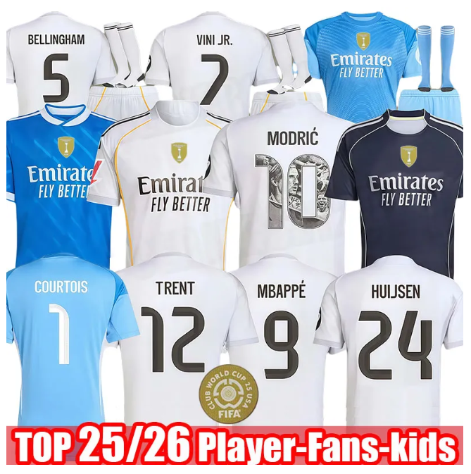 2526 SCOOER JERSEY MBAPPE BELLINGHAM VINI JR Real Madrid 2025 Baby Kids Kits Football Shirts and Shorts Children Jerseys Sets MODRIC RODRYGO WOMAN Ascio