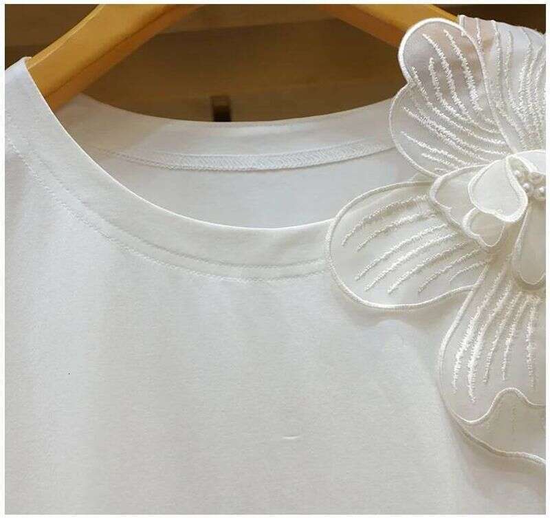 Women's Clothing Classic Round Neck Three-Dimensional Flower Decoration Fashionable Lotus Leaf Sleeve Loose Slim Fit Top