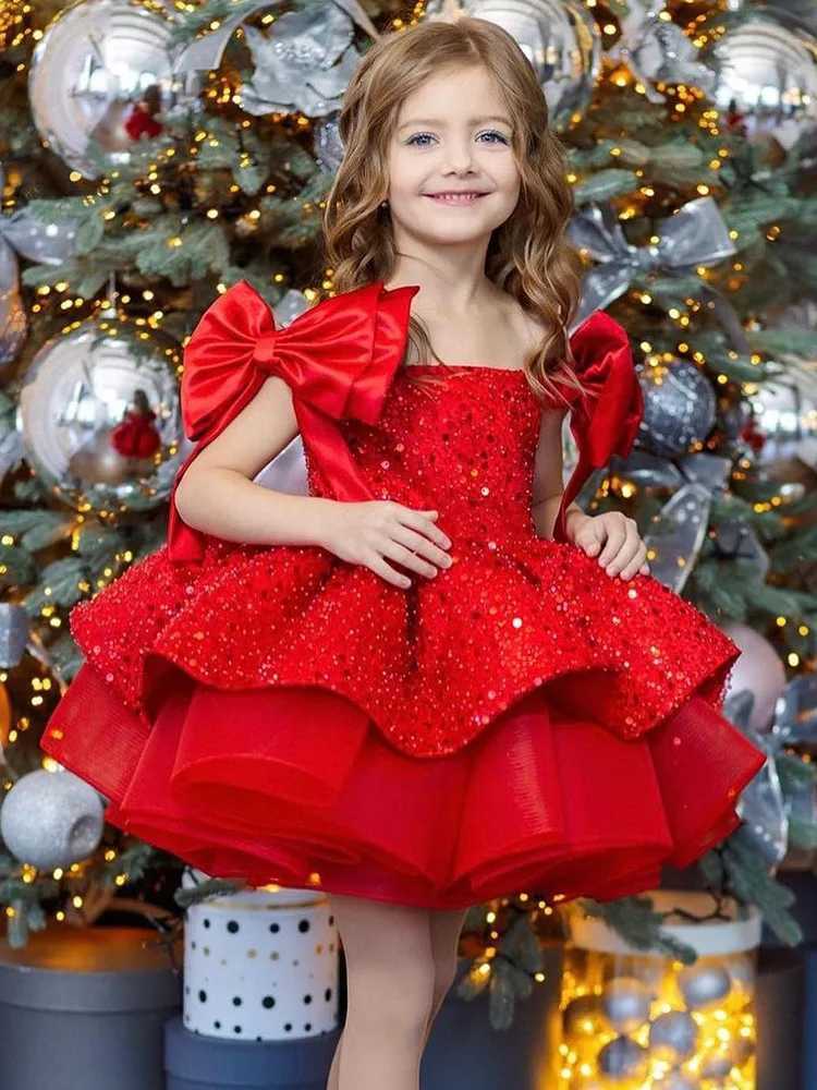 2024 New Christmas Childrens Dress Flower Wedding Sequin Princess Skirt 2-10 years old Red Girl Dress Spot Z250904