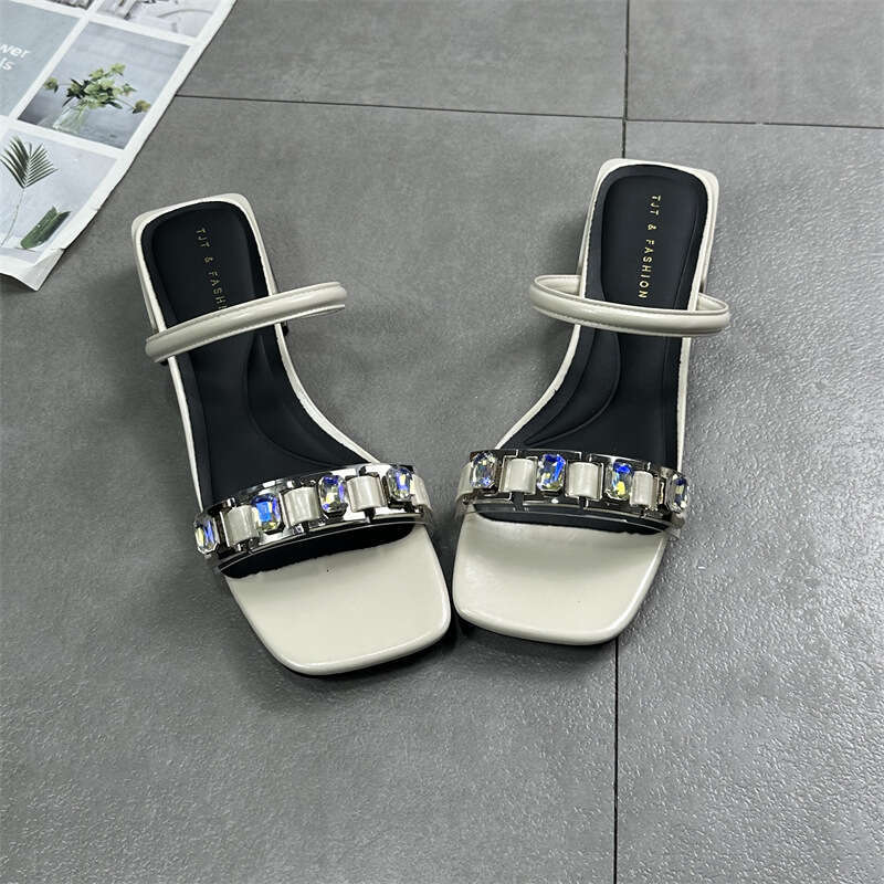 Women's Shoes 2025 Summer New Squ Open Toe Rhinestone Mid Designer Shoe Heel Celebrity Sandals Half One Word Slippers