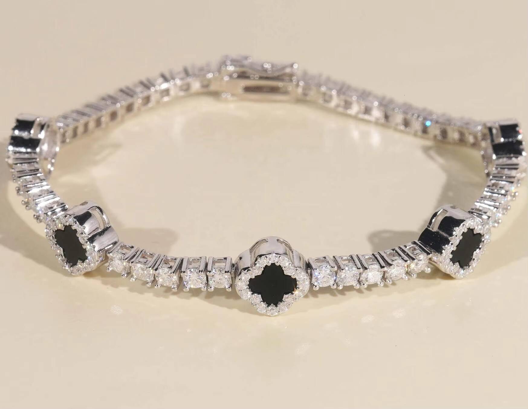 3mm Black Agate 925 Silver Tennis Bracelet Diamond Moissanite Clover Bracelet High Quality Jewelry