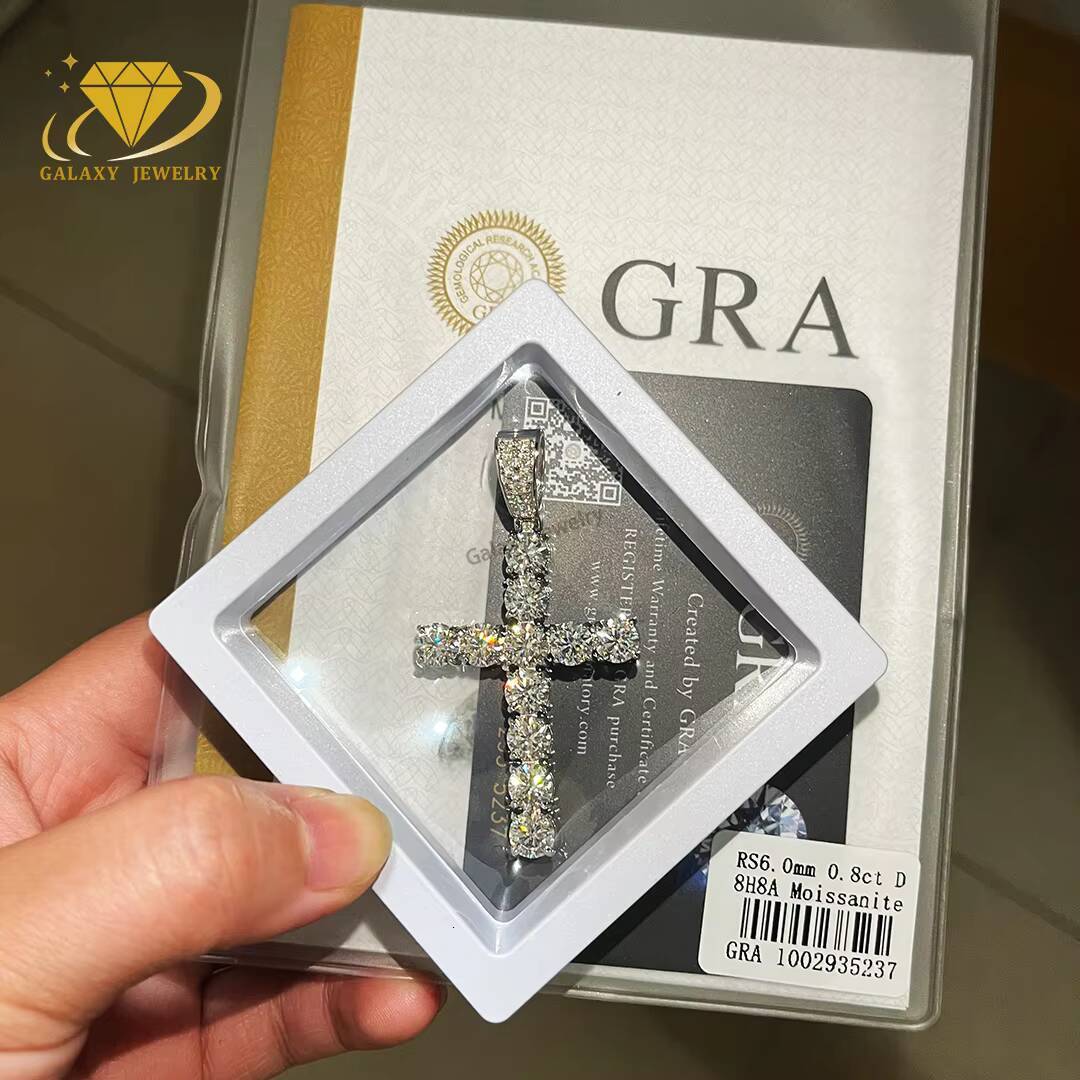 Hip Hop Pendant Cross Pendant Moissanite Vvs 925 Silver D Color 6MM Moissanite Diamond Cross Necklace for Tennis Chain