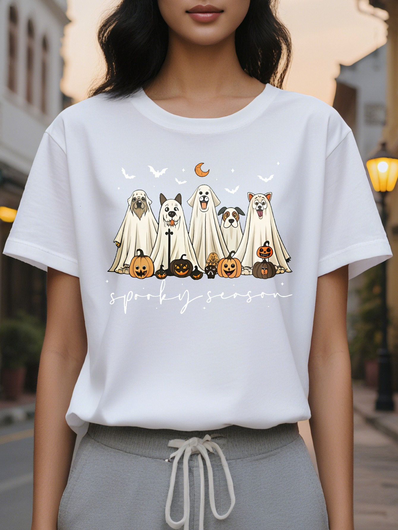 Women s Halloween Dog Print Sweatshirt Dark Green Cozy Round Neck Pullover with Spooky Season Lettering Fall Outfit