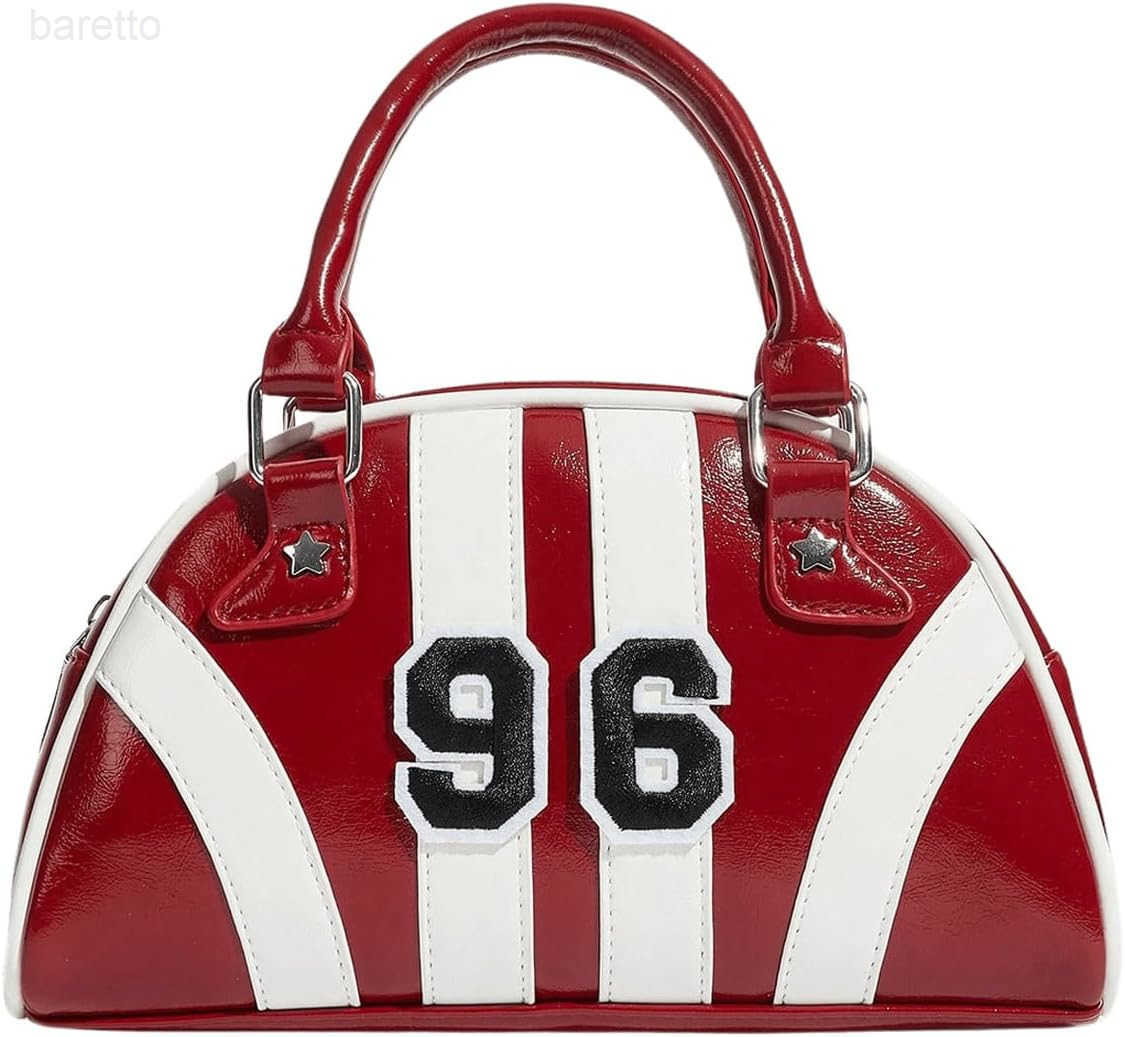 Womens Colorblock Zipper Handle Bowling Bag Purse Leather Clutch Handbags M250904