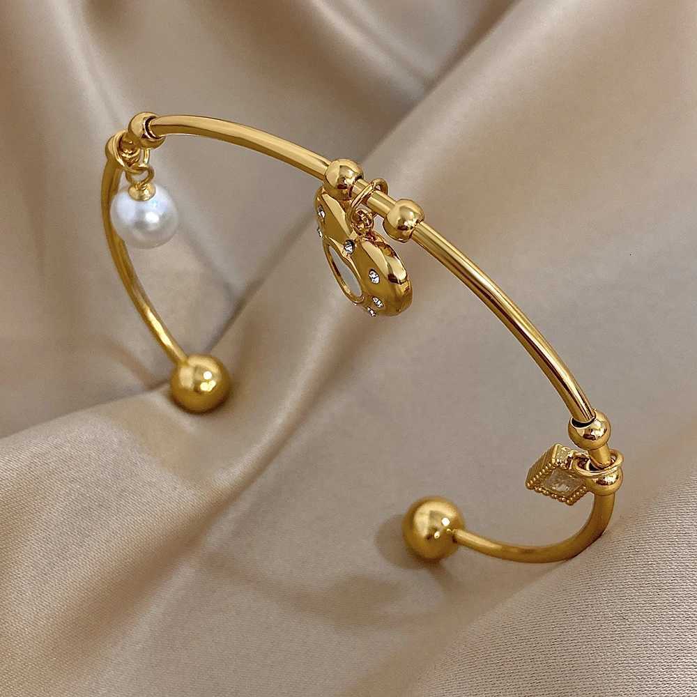 Fashion Pearl Zircon Charms Cuff Bangles for Women Unique Gold Silver Color Stainless Steel Open Bracelets Jewelry Gifts Y250904