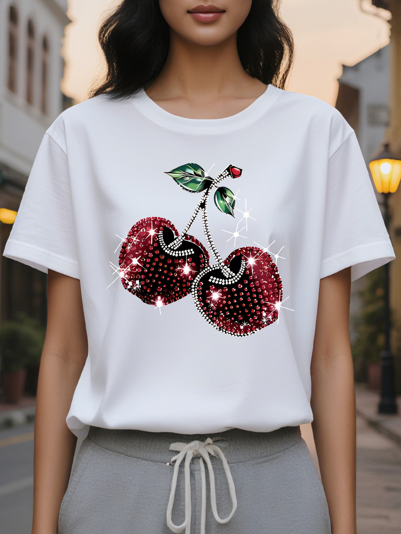 Large XL Cherry Fruit Circle Print T-Shirt Short Sleeve Round Neck Casual Wear Plus Size