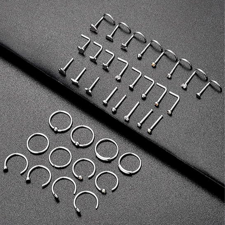 20G 36Pcs Stainless Steel L-Shaped Bone Screw Nose Ring CZ Stud Retainer Labret Piercing Jewelry for Women Men Silver Tone