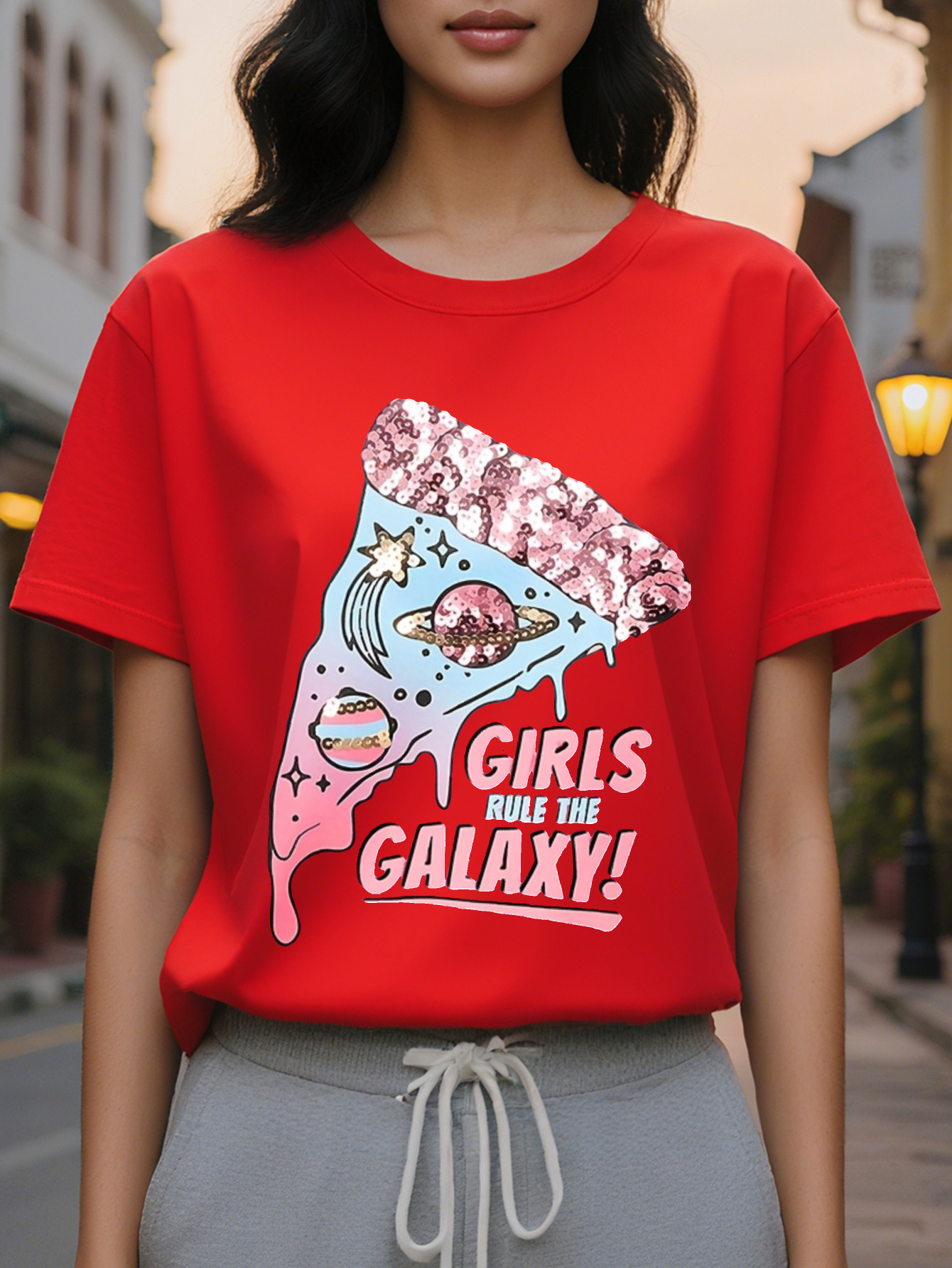 Girls Women s Casual Short sleeved T shirt Galaxy Pizza with Stars Black Pink Letter Print Translucent Round Neck