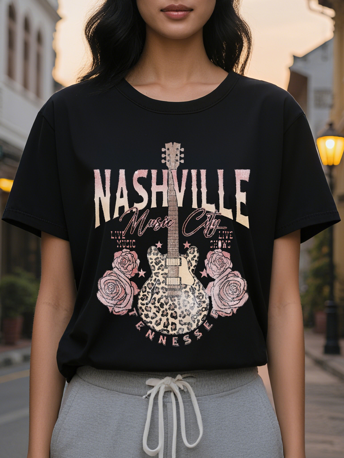 Guitar Print T-shirt Short Sleeve Round Neck Casual Top Summer and Spring Women's Clothing