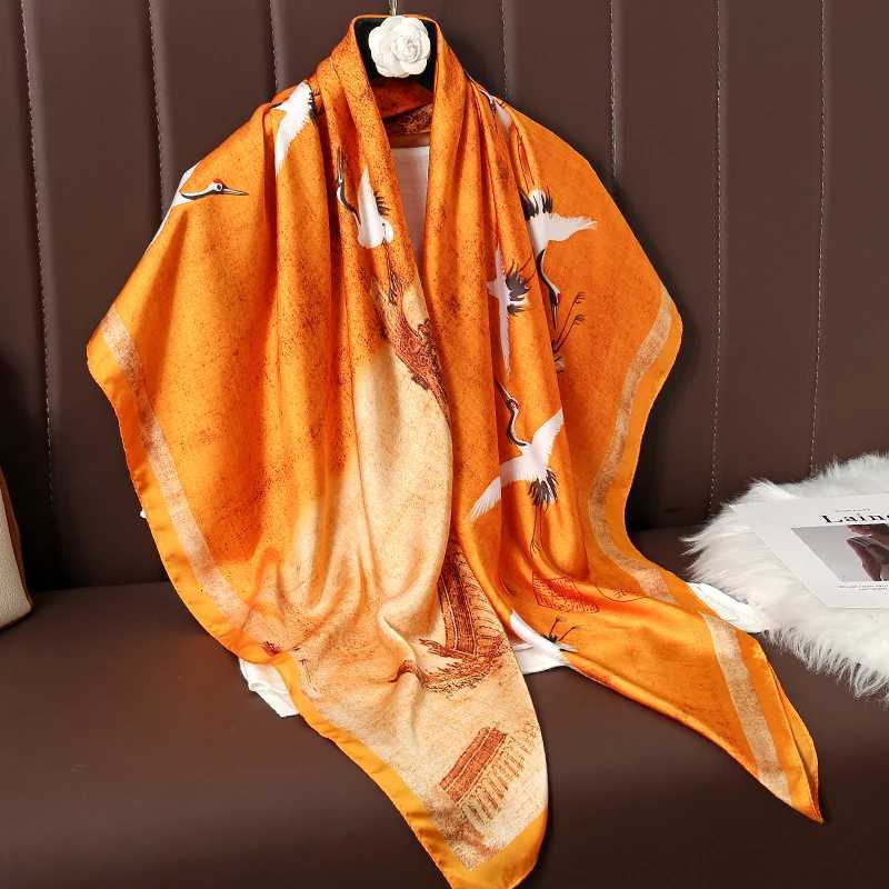 110cm Large Shawl Silk Square Scarf for Wen Luxury Print Hijab Bandana Muslim band Wrap Beach Stos Foard Echarpe 2025 G250904