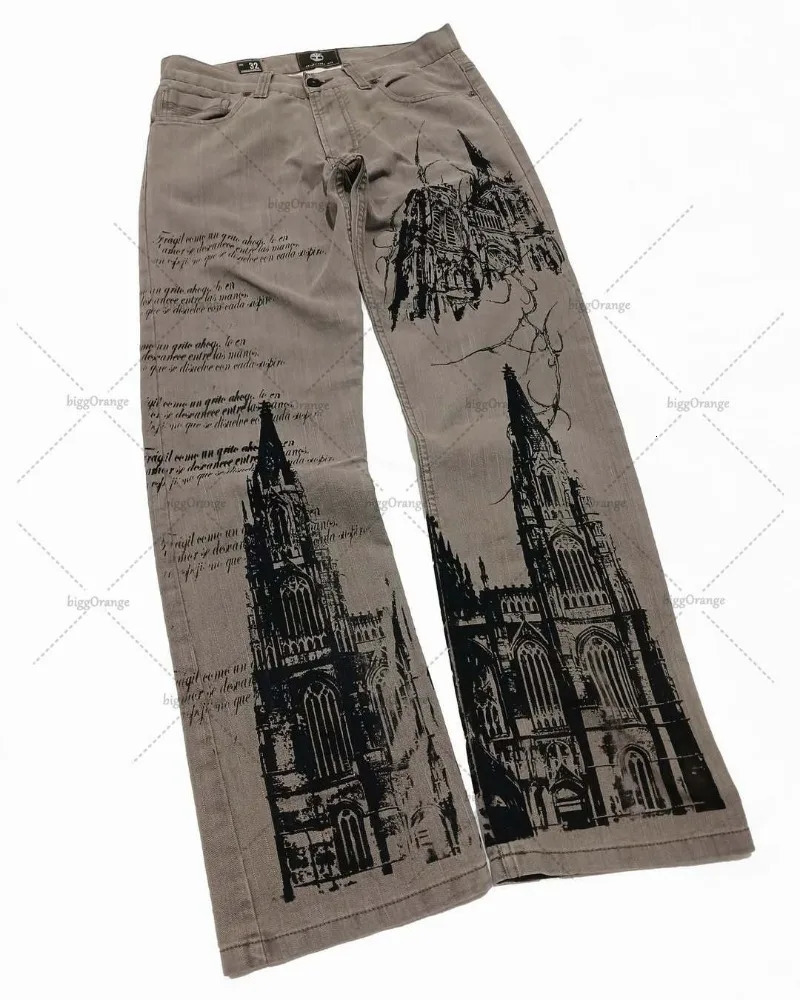 Hiphop Gothic High Street Harajuku Loose Washed Straight Wide Legs Men Rock Dark Y2K American Retro Oversized Jean 250823