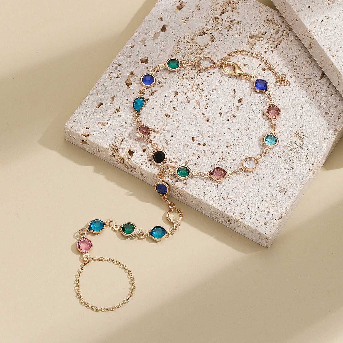 Exquisite Vintage Emerald Blue Crystal Boho Wrist Bracelet for Women Finger Ring Chain Charms La Tren Aesthetic Jewelry SetXJ250904