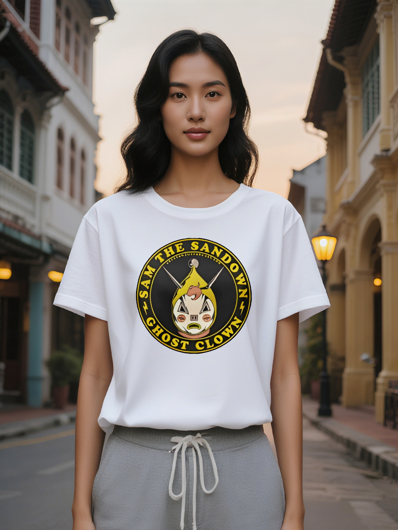 Large XL Casual Graphic T-Shirt Black with Yellow Cartoon Character Face Sam The Sandon Print Pure Cotton Breathable Plus Size