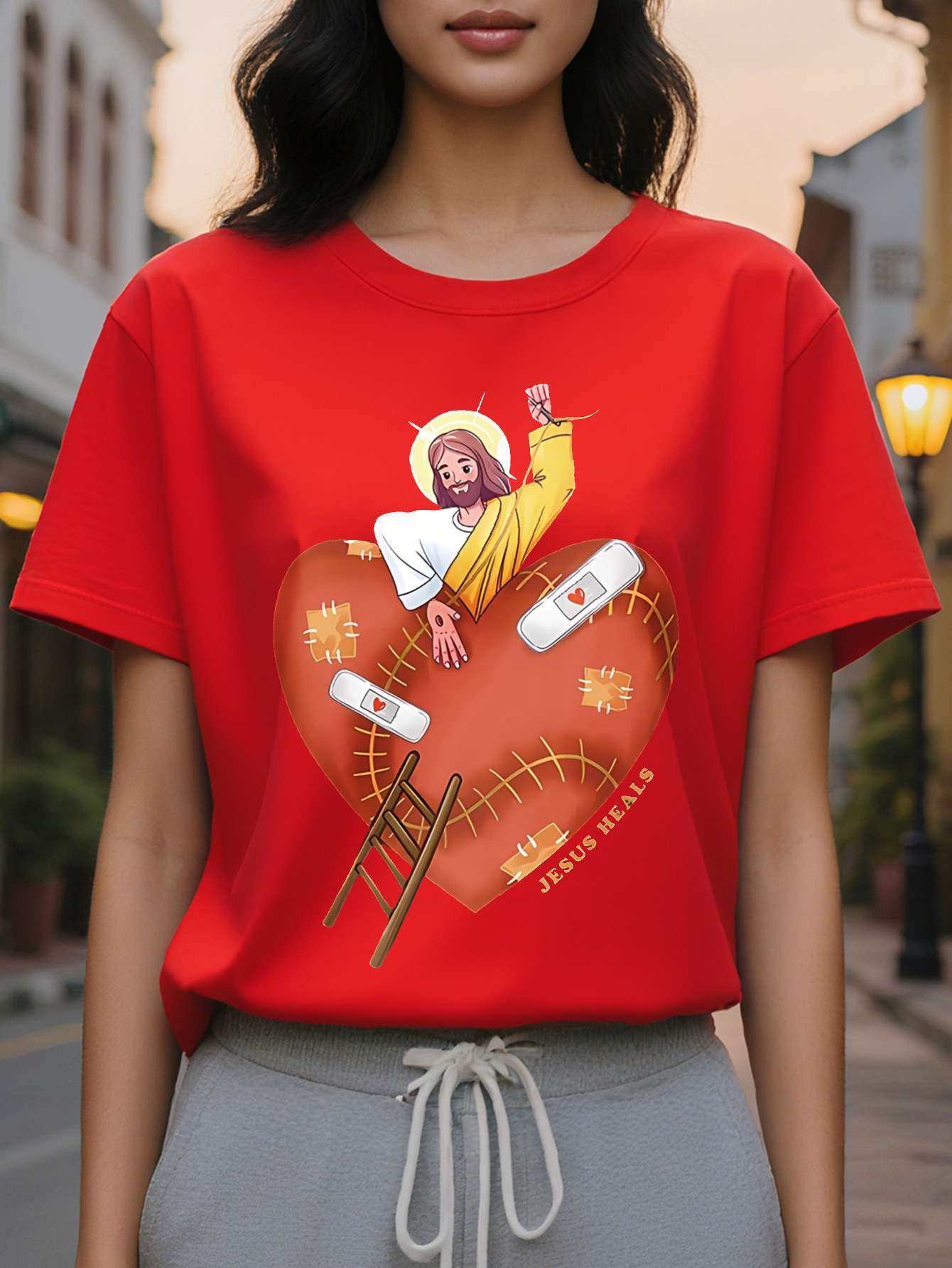 Large XL Jesus Heals My Heart Religious Faith Print Fashion Casual Short Sleeve SpringSummer Slim Fit Round Neck Women's Plus Size