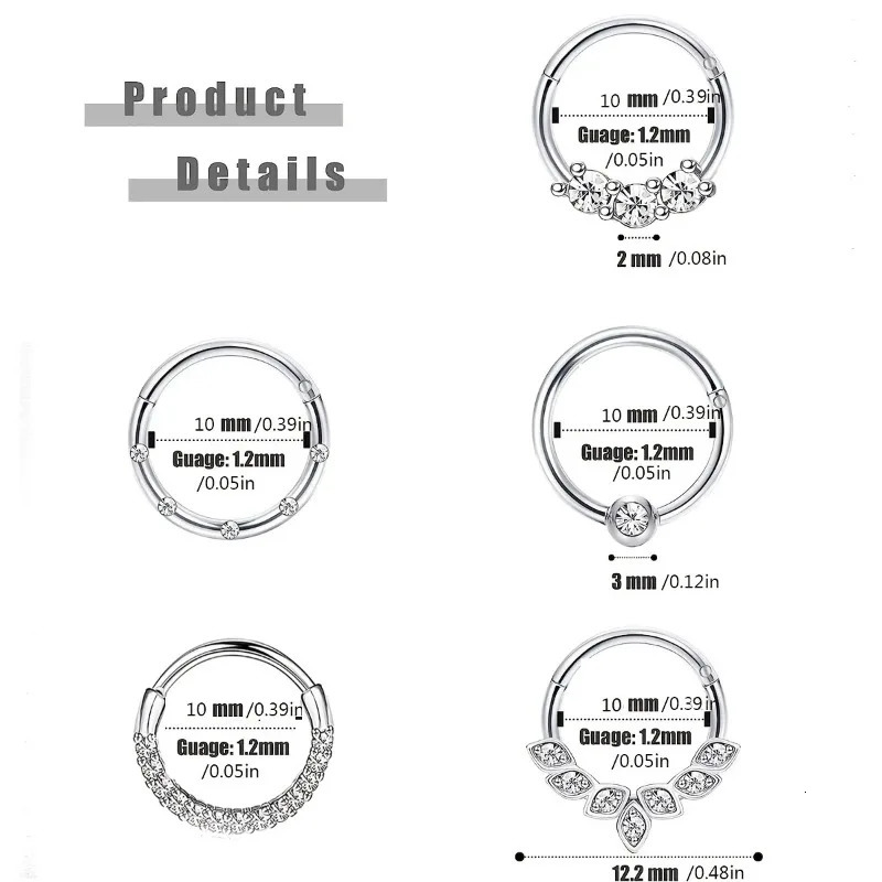 15pcs 16G Fashion 316L Stainless Steel CZ Hinged Septum Clicker Nose Hoop Rings Daith Helix Tragus Cartilage Piercing Jewelry 250903