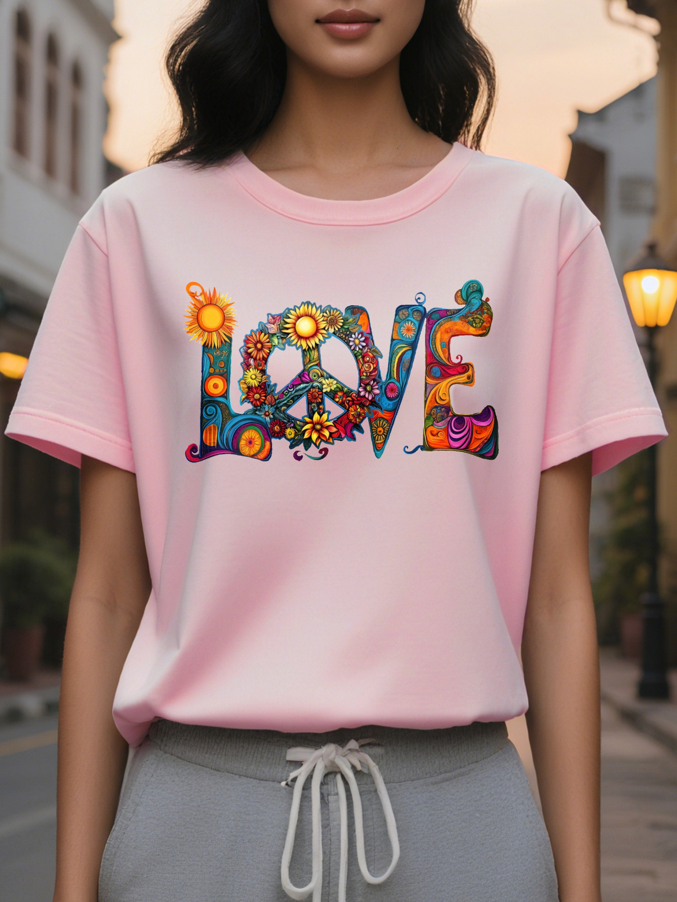 Women's Valentine's Day Flower Pattern Colorful Floral Design Shoulder Vest Black Cotton Round Neck Loose