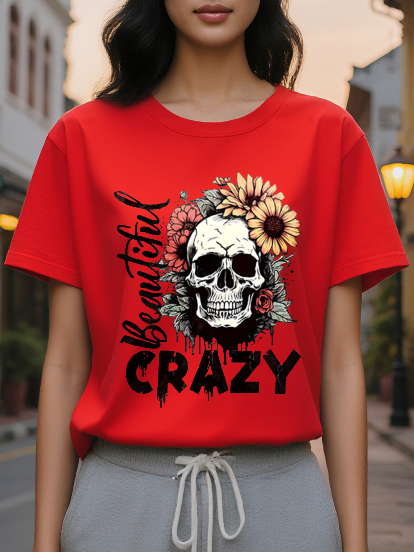 Ladies Casual Crew Neck T-Shirt Printed with Bloody Madness Print Cotton Knitted Fabric Regular Length Spring