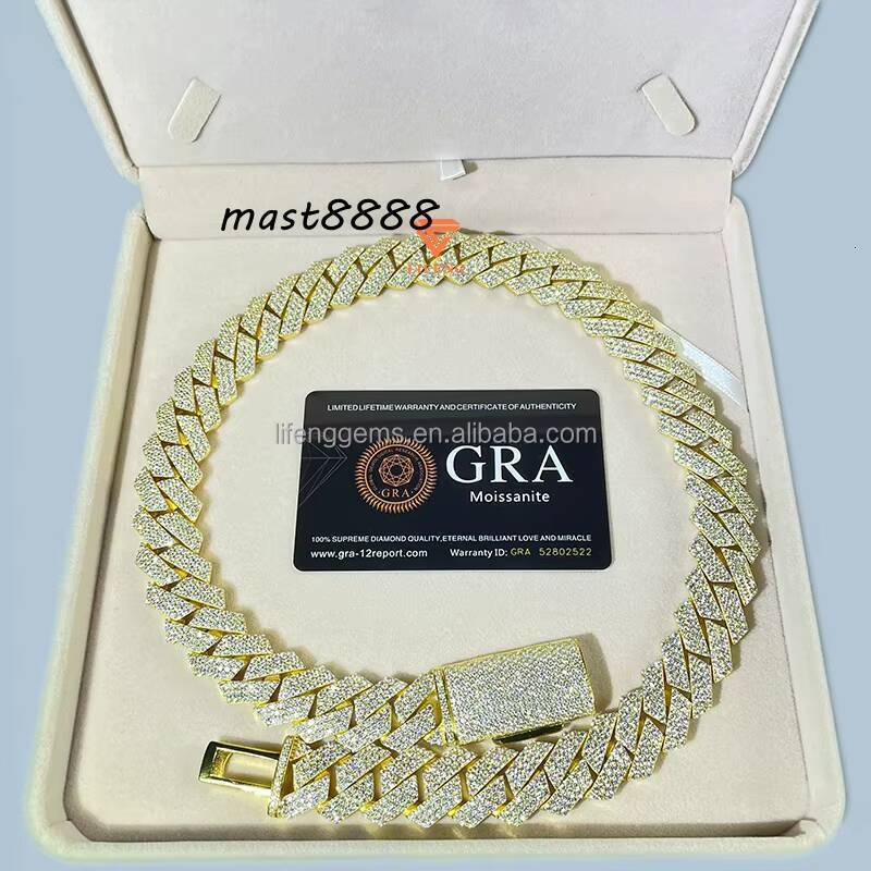 925 Silver Mens Hip Hop Style Necklace with VVS Moissanite Diamond Prong 15mm 3Row Yellow Gold Cuban Link Chain GRA JEWELRY