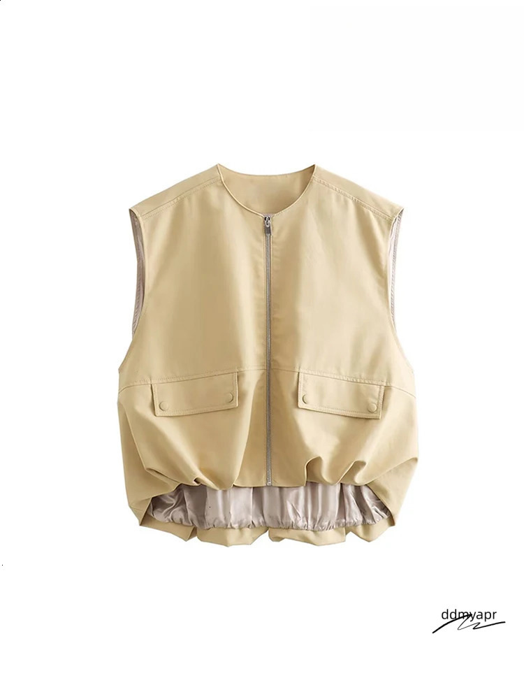 Womens Elegant Sleeveless Round Neck Ddmyday Zip Waistcoat Pocket Decorative Loose Khaki Jacket Comfortable Leisure Womens Vests 240826