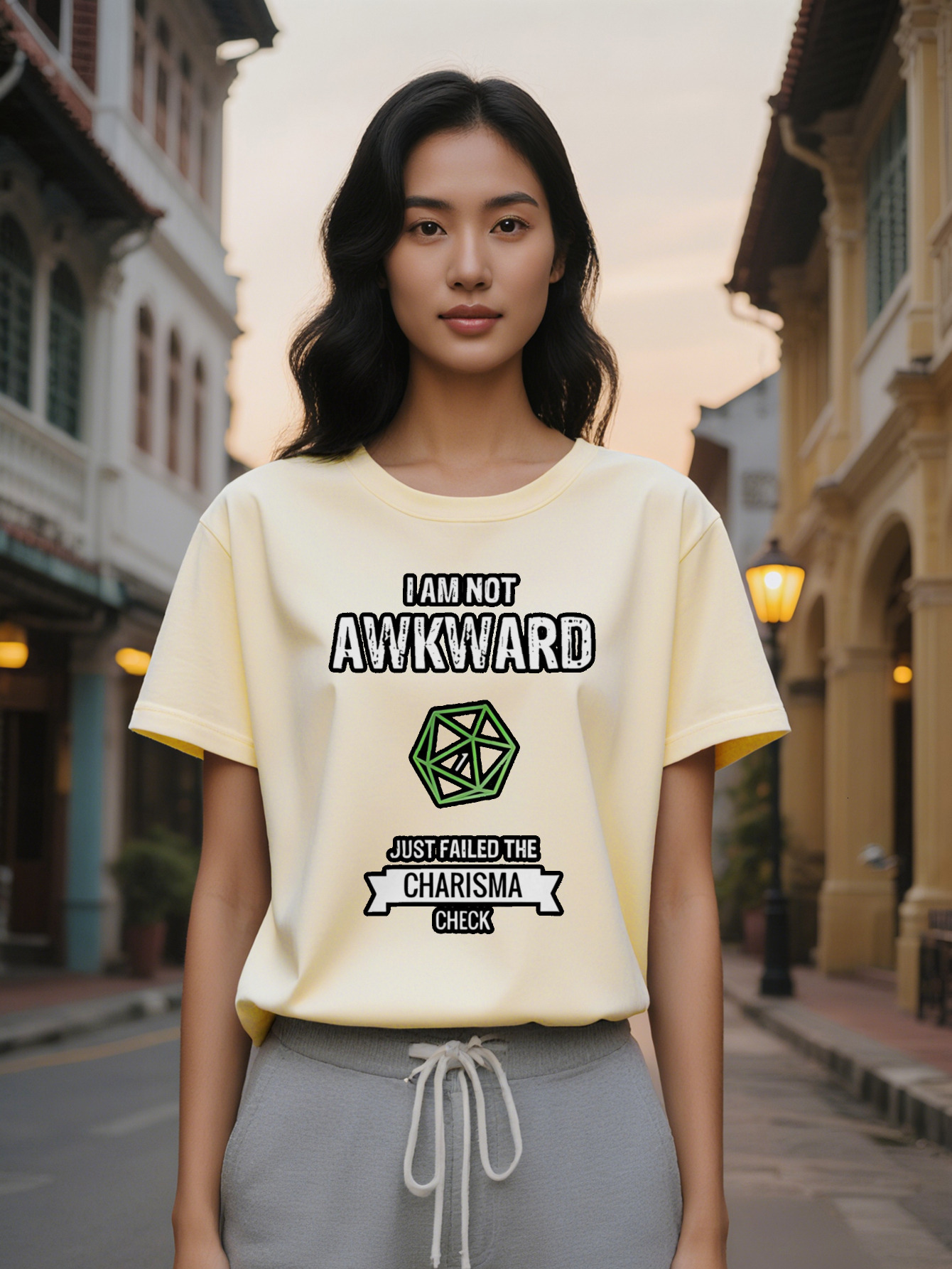 Large XL Graphic T-Shirt I AM NOT AWKWARD Slogan Green Geometric Print Black Round Summer Tee Regular Fit Washable Top Plus Size