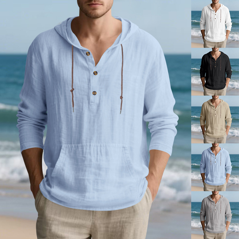 Men's Hoodie Long Sleeve Shirt Cotton Linen Blend Pullover Casual Oversized Beach T-Shirt for Fall European size: S-3XL