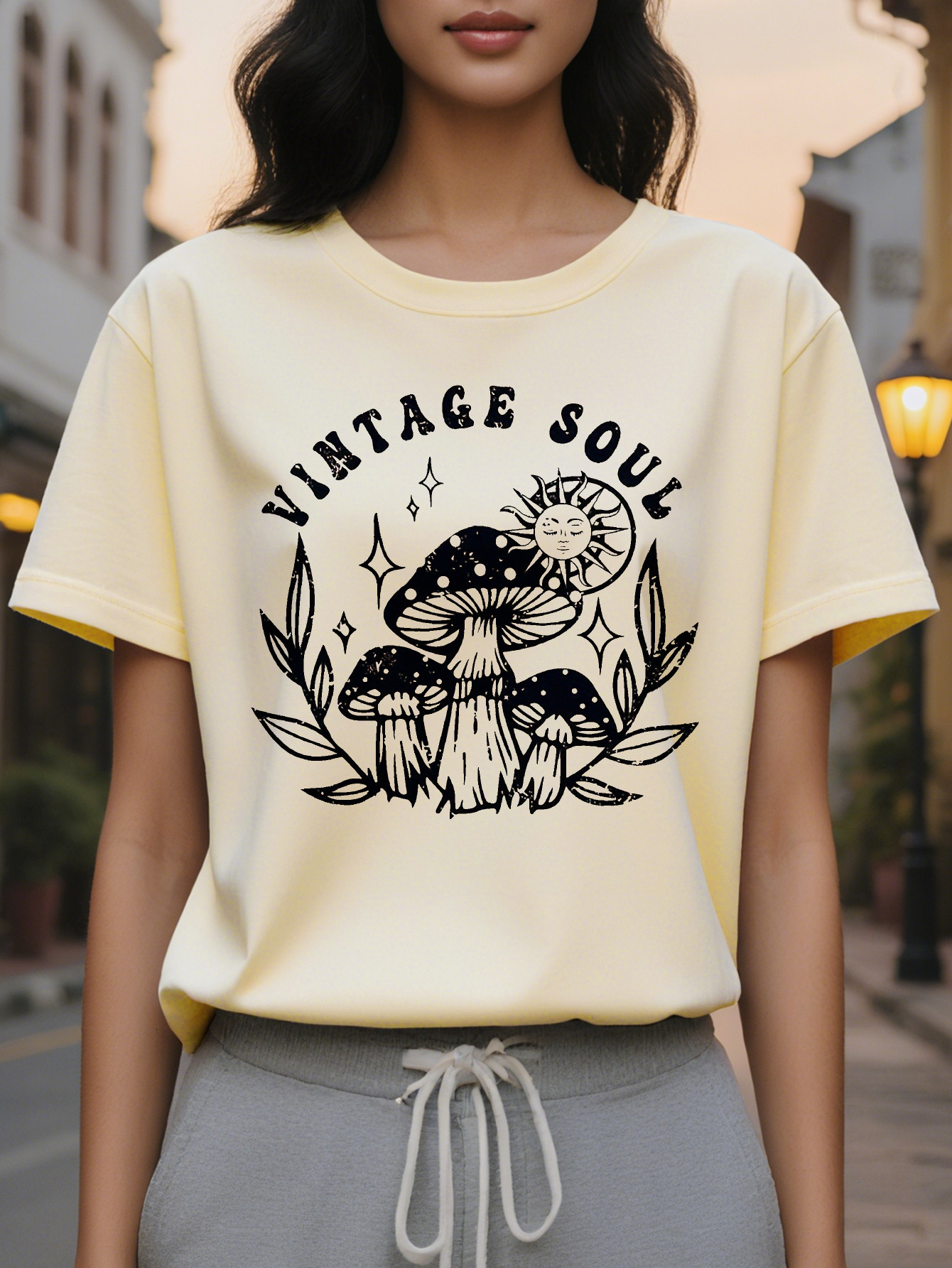 Large XL Yellow Retro Soul Mushroom Graphic Sleeveless Tank Top Casual Comfortable Cotton Washable Women's Fashion Plus Size