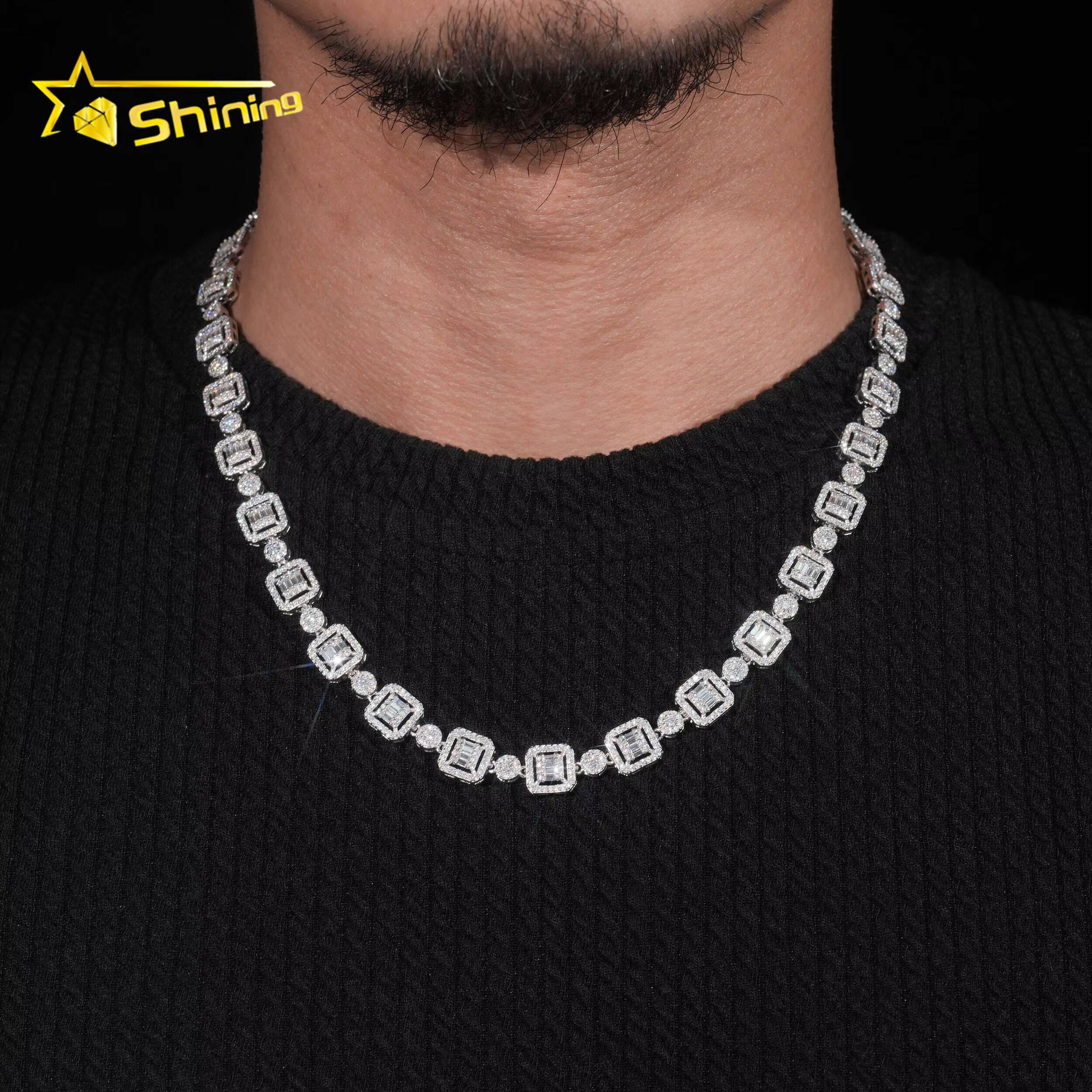 Hip Hop Jewelry 925 Sterling Silver Baguette Missanite Cuban Link Chain Iced Out Men Infinity Cuban Link Moissanite Necklace