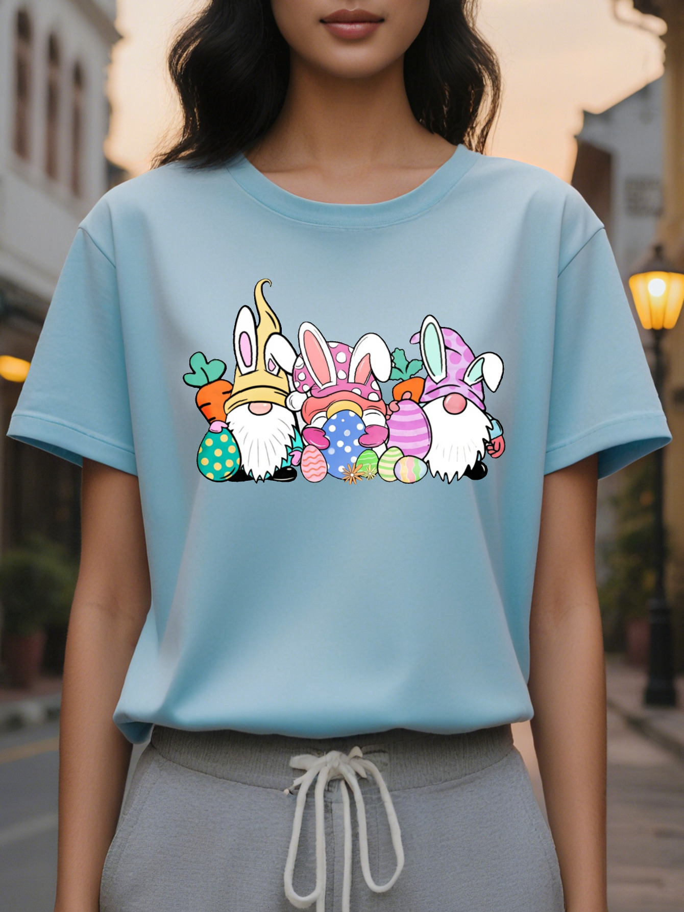 Large XL Women S Easter Bunny Eggs Graphic Tee Casual Crew Neck Cotton T-Shirt Soft Comfortable Knit Fabric Geometric Plus Size