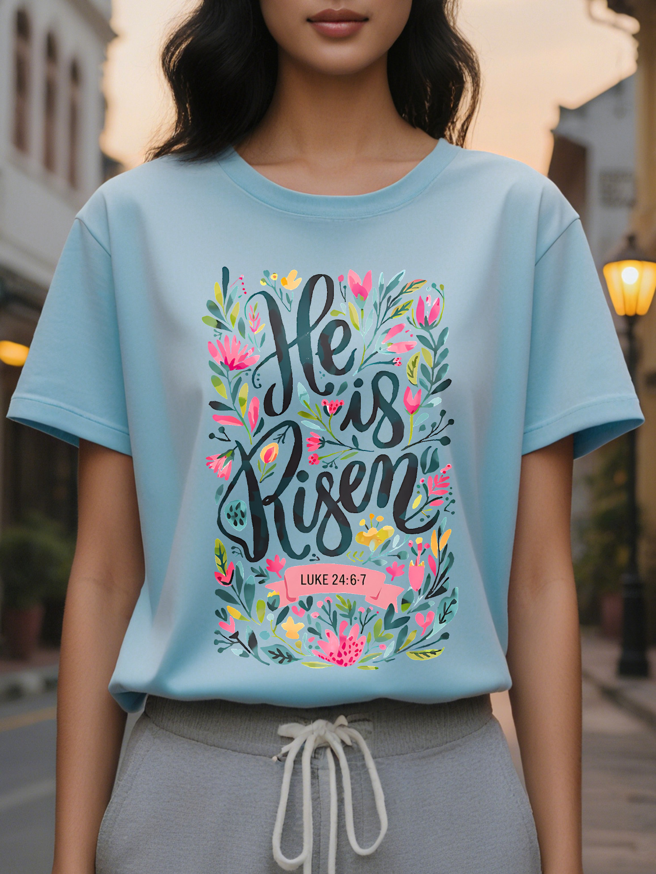He Is Risen Easter Jesus Faith Bible Verse Luke Floral Print T-Shirt Pastel Pink Short Sleeve Crew Neck Top