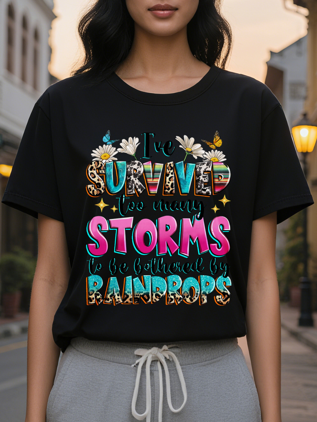 I spent too much time with storm print round neck T-shirts summer and spring, short-sleeved casual tops for women