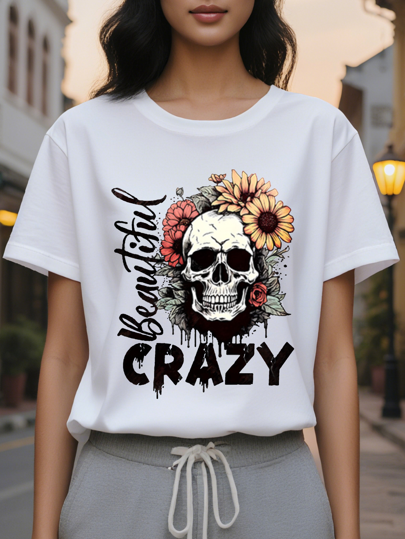 Ladies Casual Crew Neck T-Shirt Printed with Bloody Madness Print Cotton Knitted Fabric Regular Length Spring