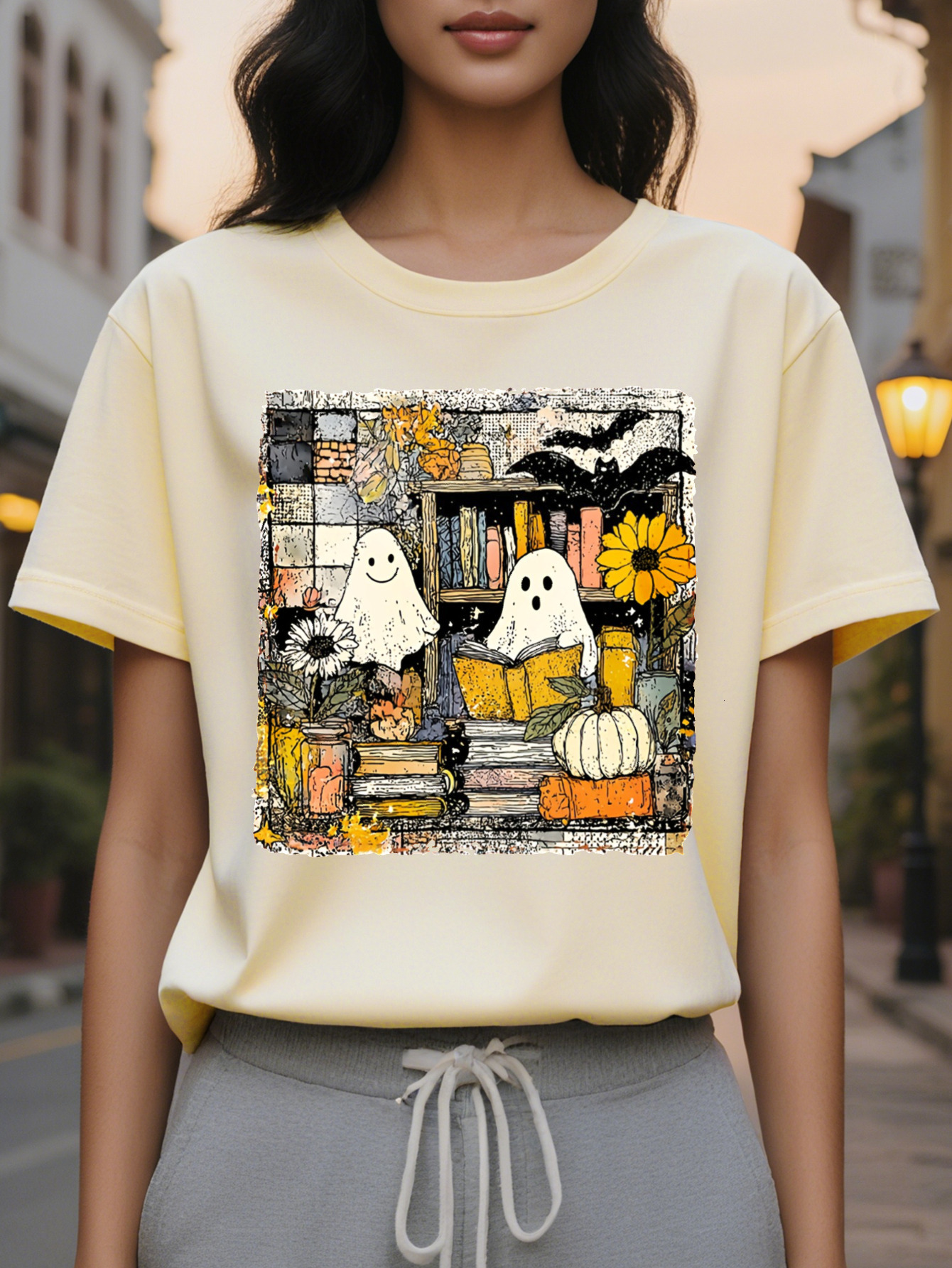 Large XL Women's T-Shirt Cute Print Short Sleeve Round Neck Top Spooky Bats Witches Pumpkins Cozy Autumn Colors in Orange Plus Size