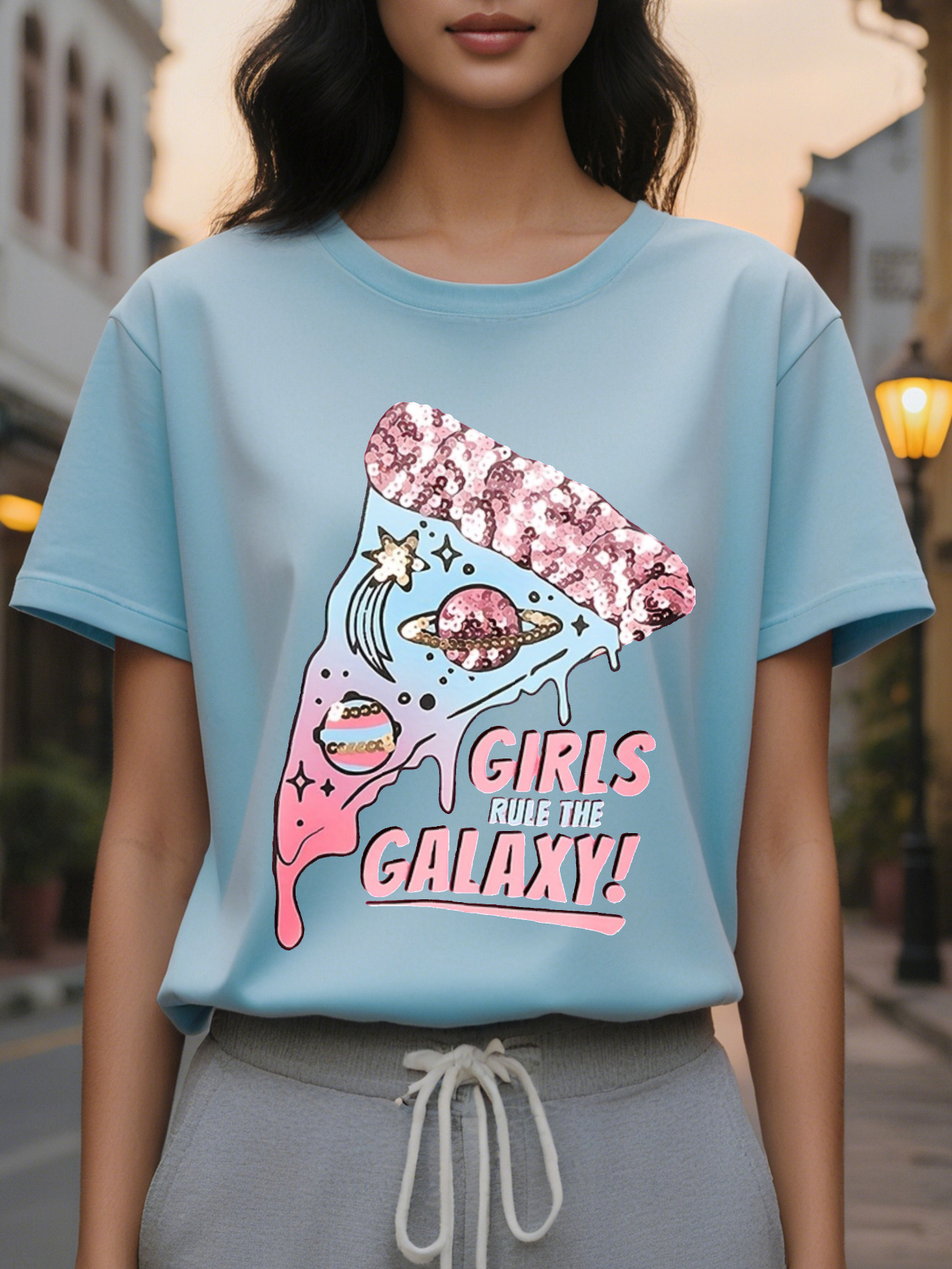 Girls Women s Casual Short sleeved T shirt Galaxy Pizza with Stars Black Pink Letter Print Translucent Round Neck