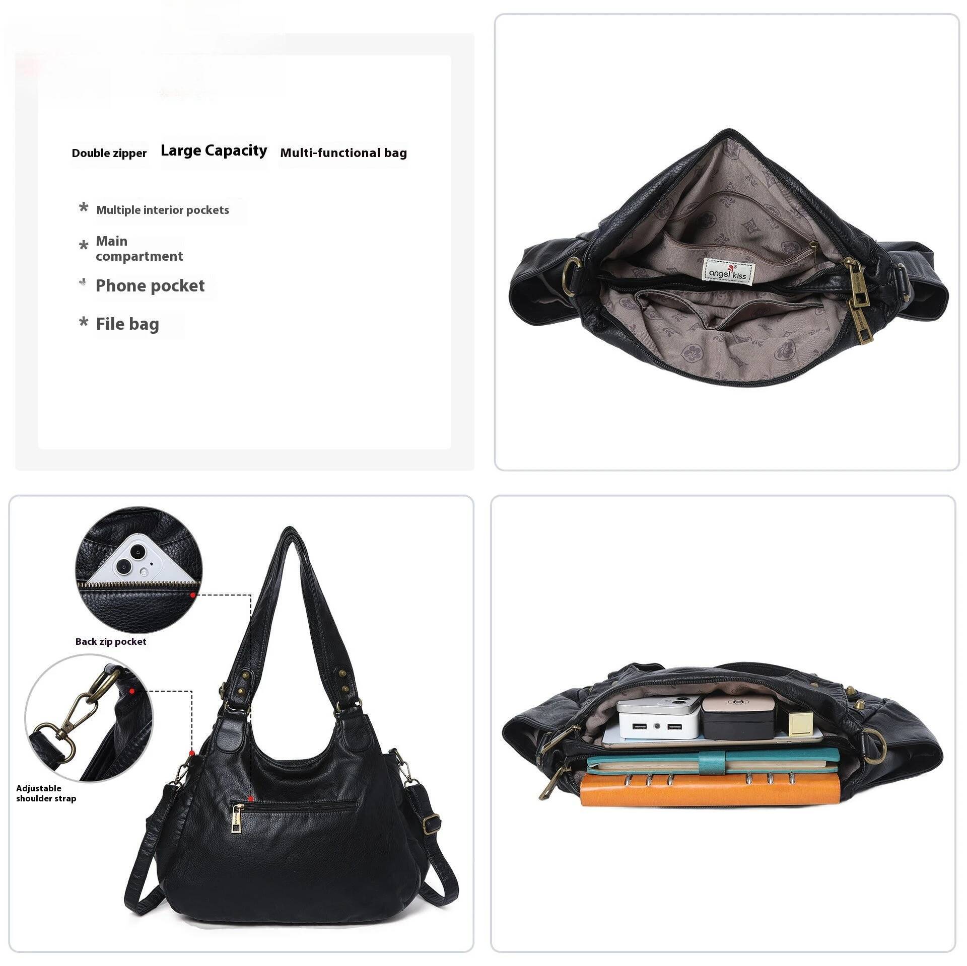 Women Handhag Black Brand bags Vintage Fashion Shoulder Bags Female Top-handle Soft Tote Bag Large Purse