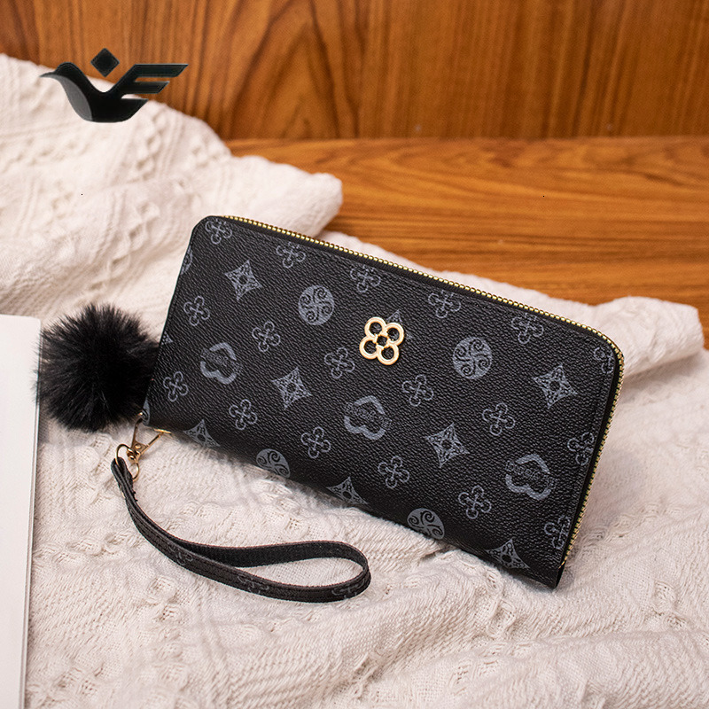 Feiyan Free Shipping New Designer Bag Luxury Shopping Bag Women's Wallet Fashion Printed Medium Long Clutch Trendy Girl Pom Pom Decorated Coin Pu