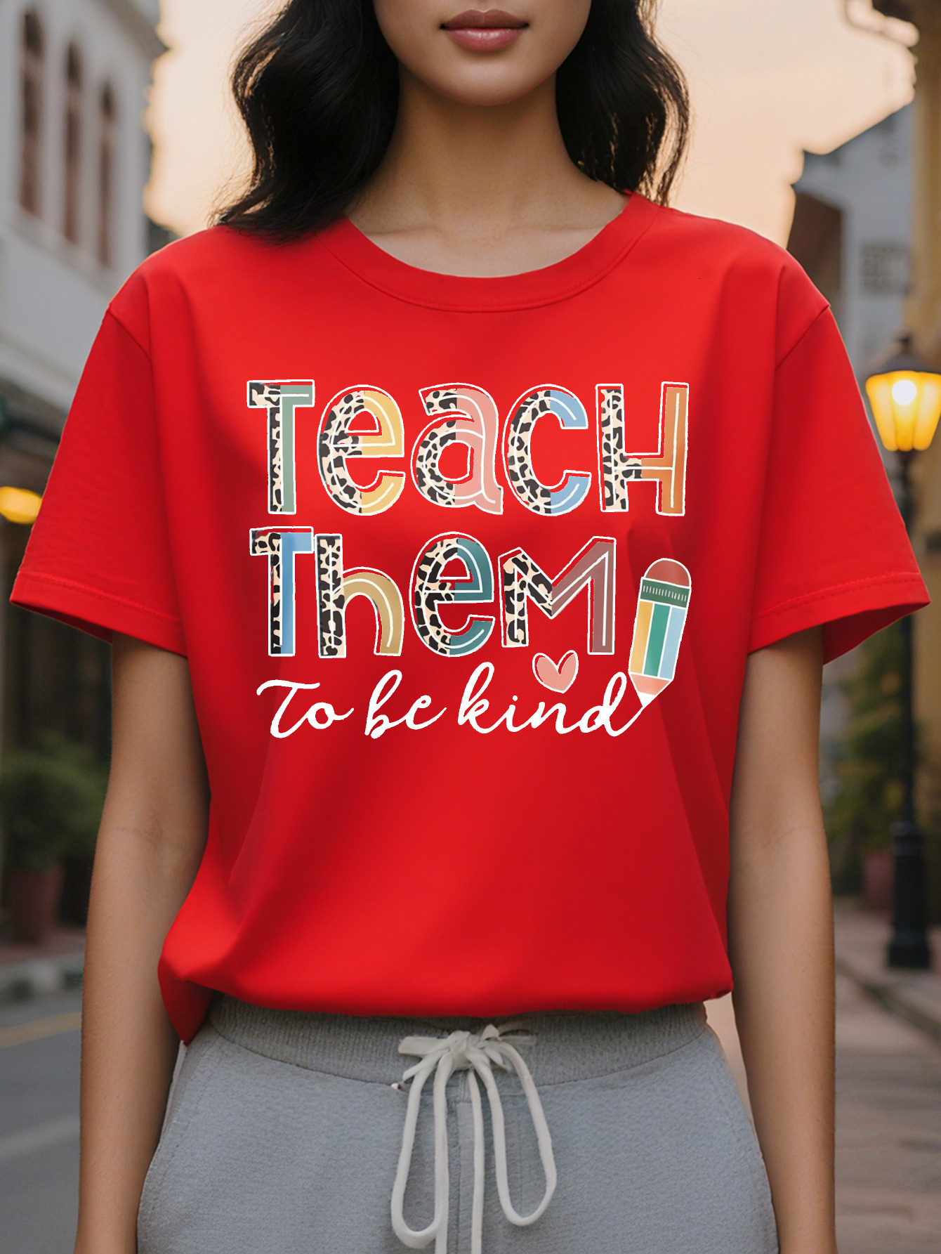Vibrant Teach Them Print Crew Neck Short Sleeve T-Shirt Soft Breathable Relaxed Fit Perfect for Spring Summer Women