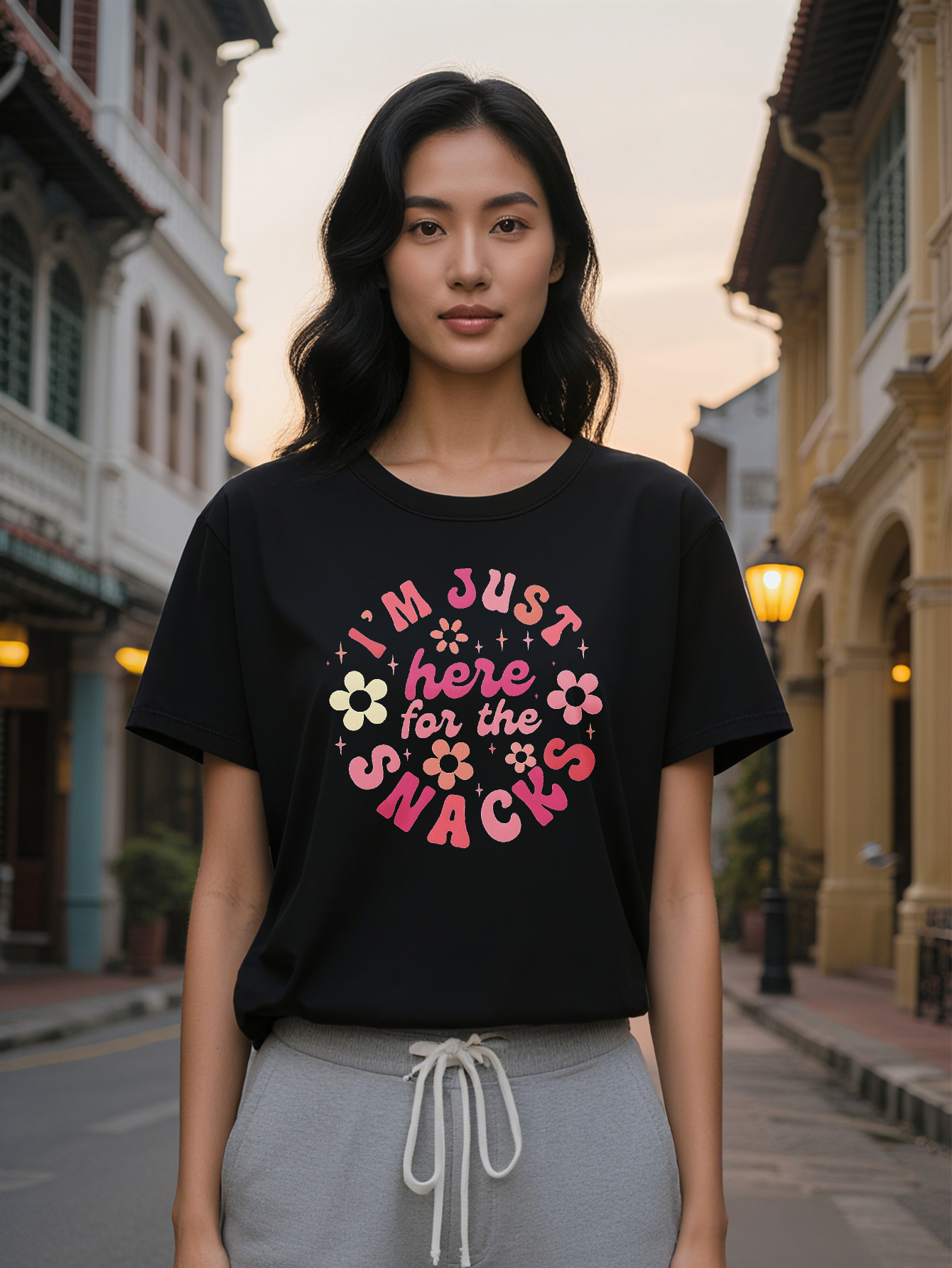 Graphic T-Shirt I'm Just Here the Snacks Fun Printed Design Black Tee Perfect Gift for Lady Summer Wear Casual