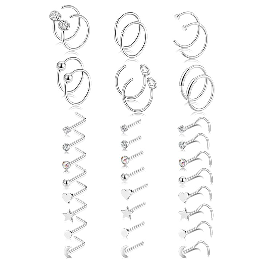 20G 36Pcs Stainless Steel L-Shaped Bone Screw Nose Ring CZ Stud Retainer Labret Piercing Jewelry for Women Men Silver Tone