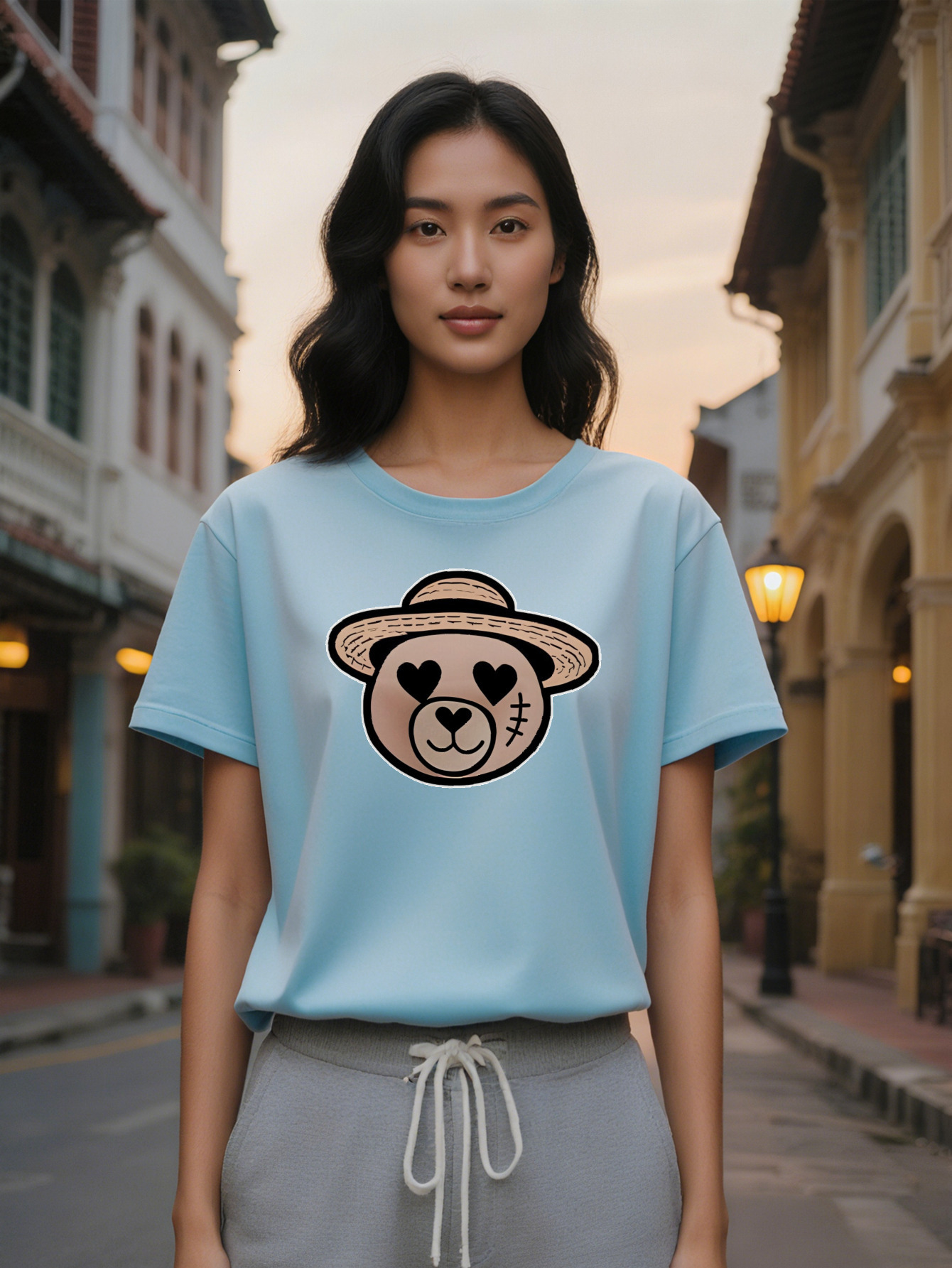 Lady Casual Graphic T-Shirt with Cartoon Bear Heart Eyes Print Black Round Neck Summer Tee Breathable Regular Fit