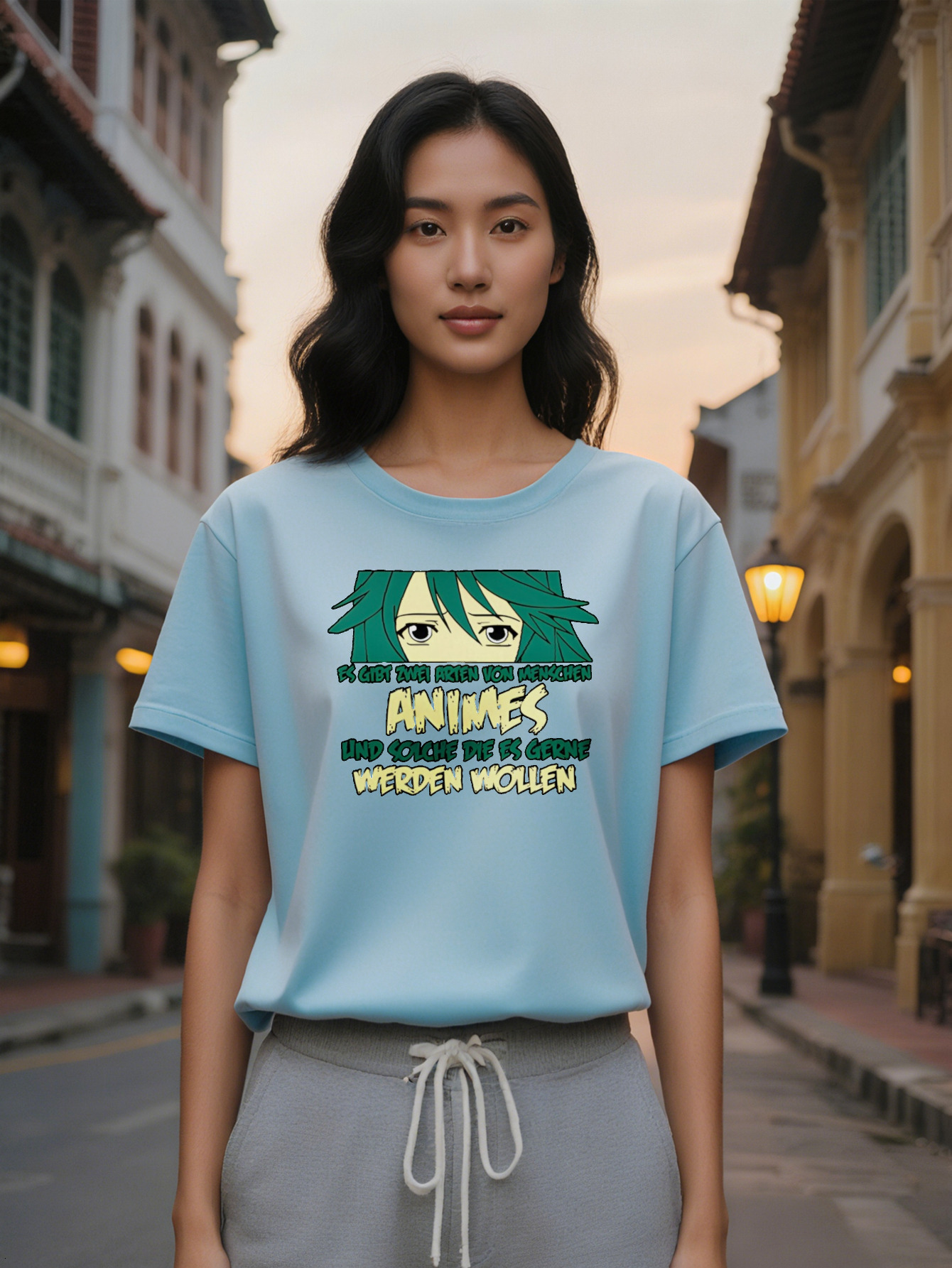 Large XL Lady Graphic T-Shirt Green Haired Character Portrait German Text on Black Background Summer Tee High Washable Plus Size