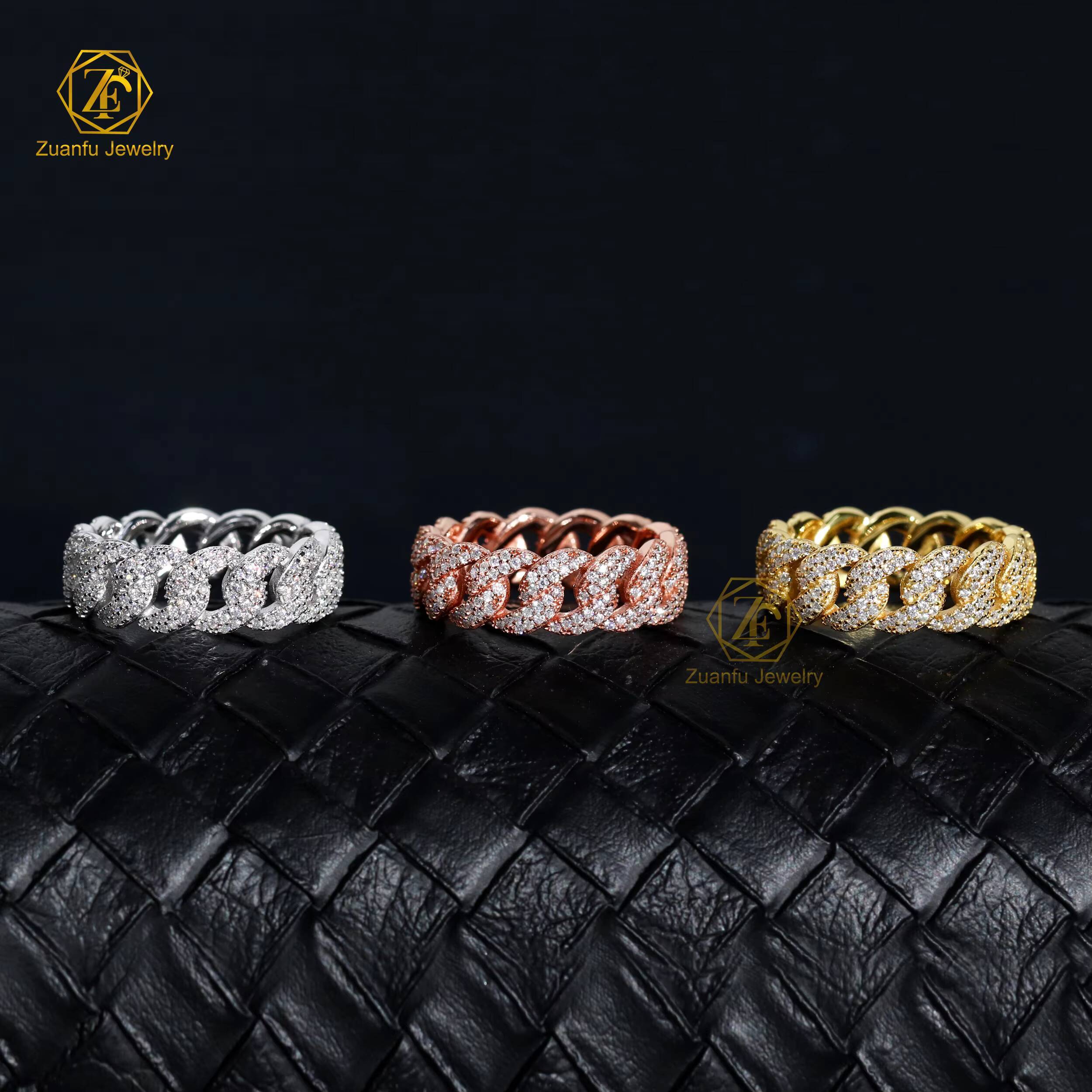 RTS Fashionable Wholesale Hip Hop Rhinestone Chain Ring Jewelry Moissanite Diamond 7mm Cuban Link Chain Band Ring for Men