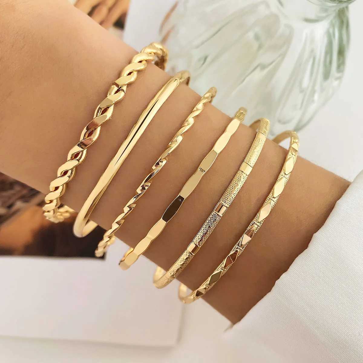6PcsSet New Simple Gold Color Multilayer Bracelet Set for Women Rhomboid Twist Smooth Surface Bangle Jewelry Party GiftXJ250904