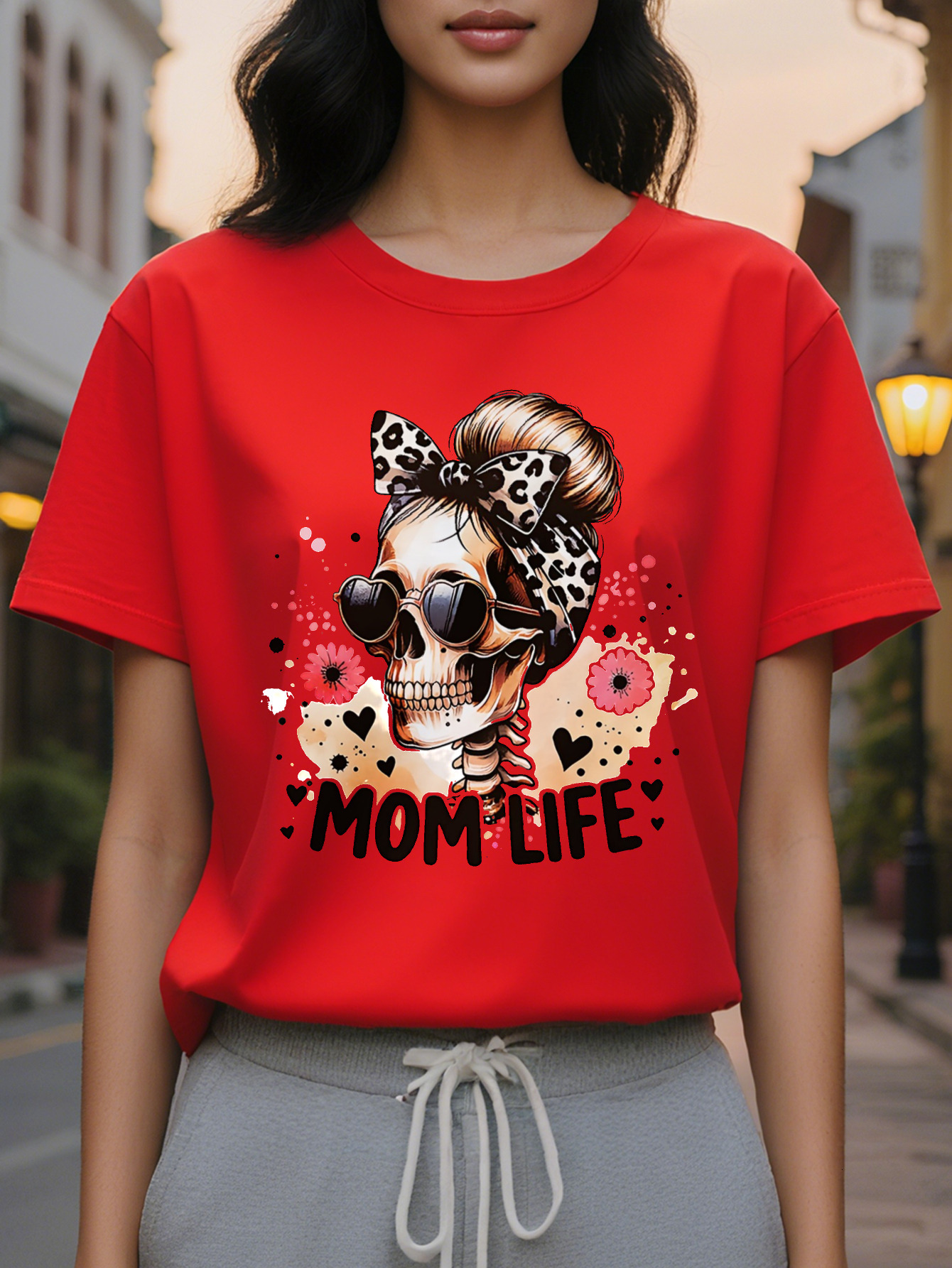 Women's Halloween T-shirt Fashion Glasses Skull Leopard Bow Flower Printing MOM LIFE Text Casual Short Sleeve Crew