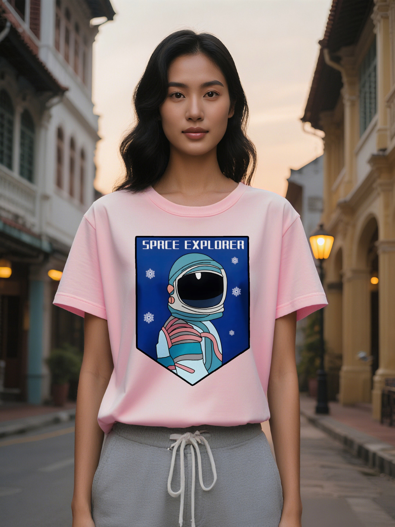 Lady Casual Graphic T-Shirt Explorer Astronaut Helmet Stars Print Black Round Neck Summer Tee Regular Fit Unique