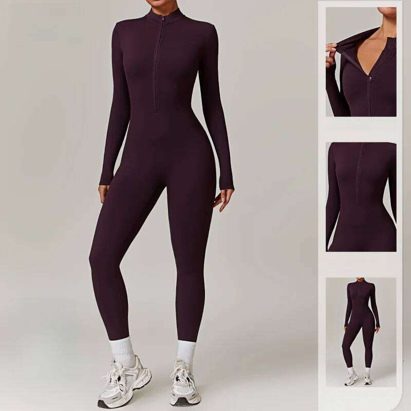 FUBEIKE Zipper Nude Feel Close-Fitting Fleece Yoga Jumspsuit Outdoor Winter Warm Bodysuit Seamless Tights Woman Sportswear
